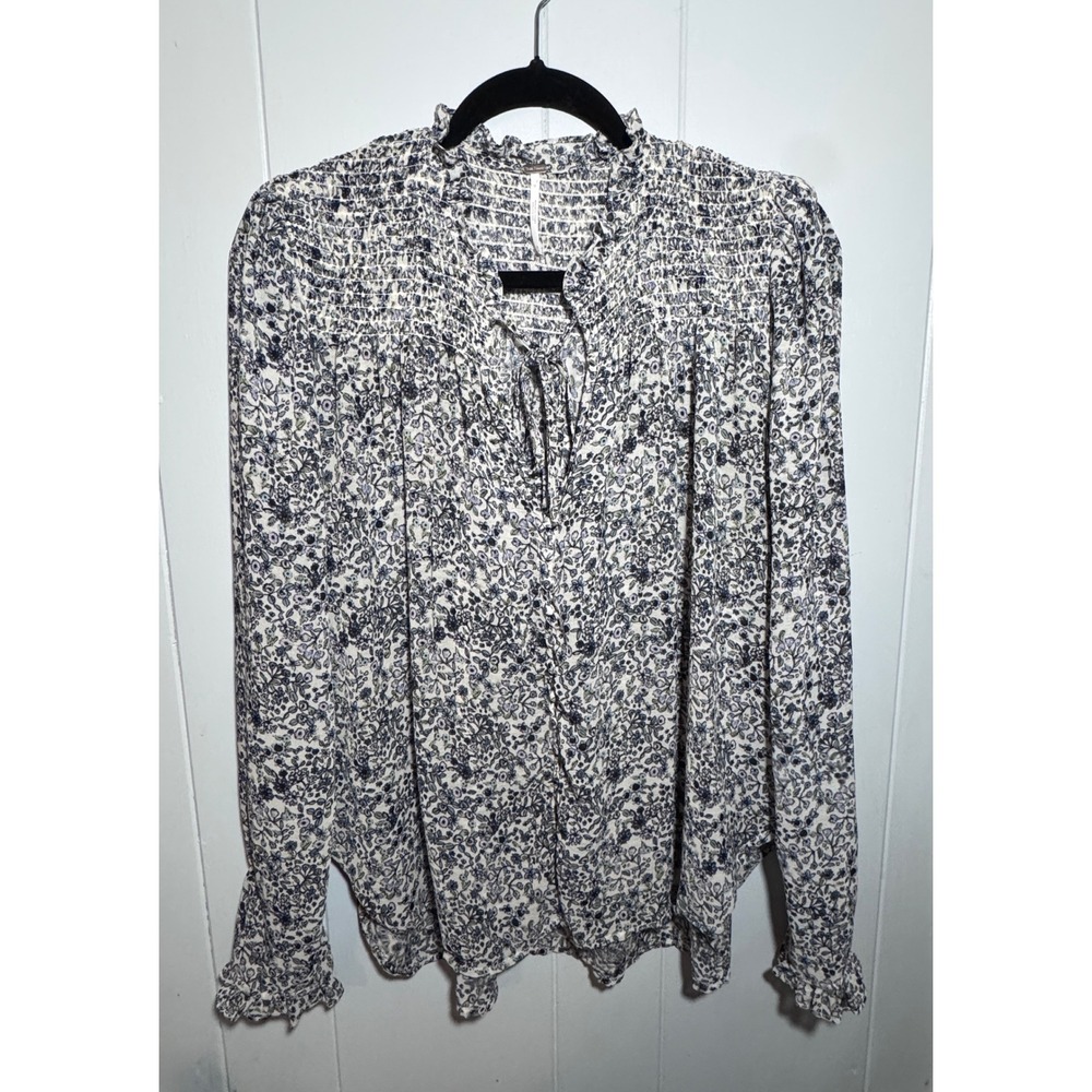 Free People Smocked Floral Print High Neck Tie Neck Long Sleeve Blouse Top M